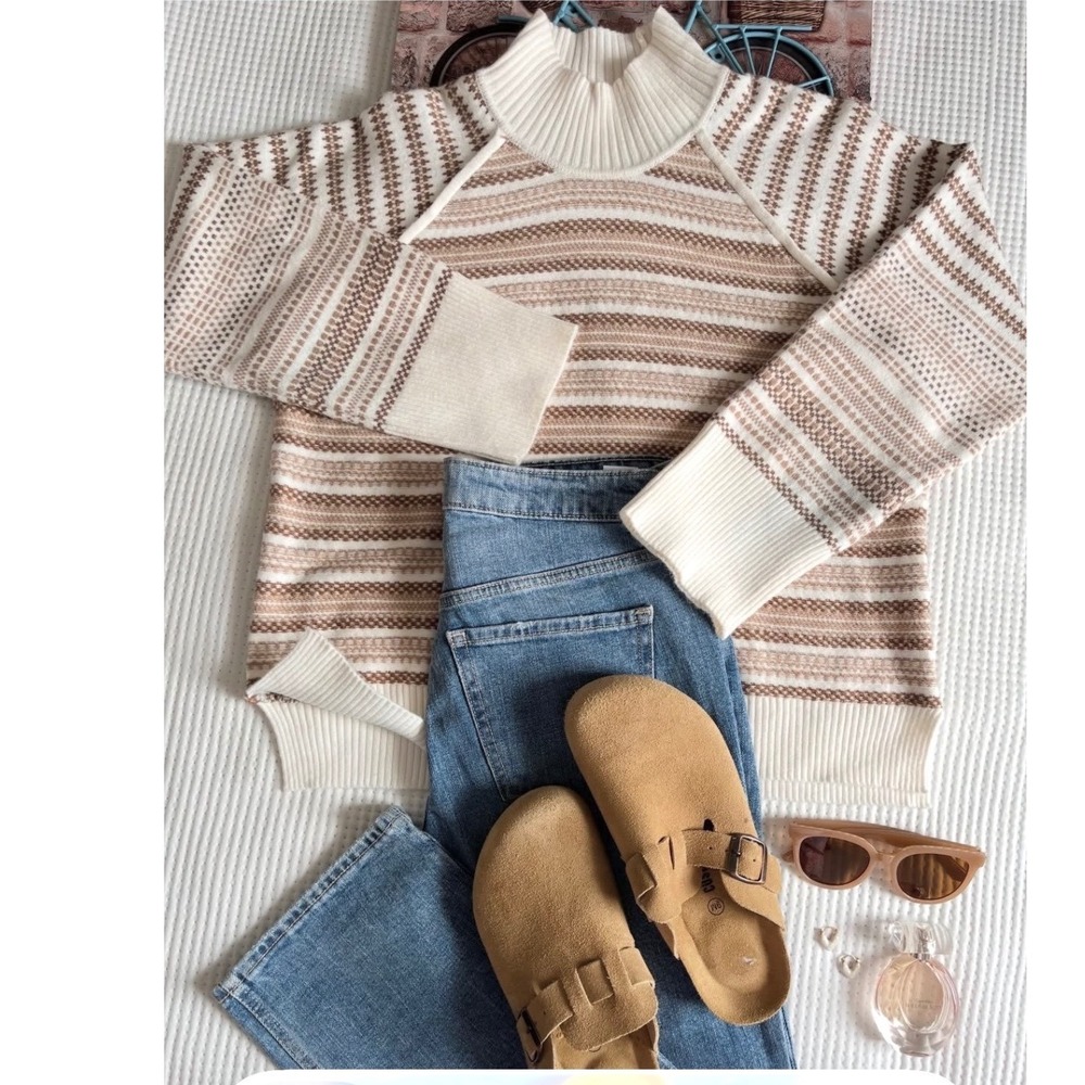 CYRUS Womens S Mock Neck Sweater Cream Brown Striped Textured Knit Quiet Luxury - Picture 7 of 7